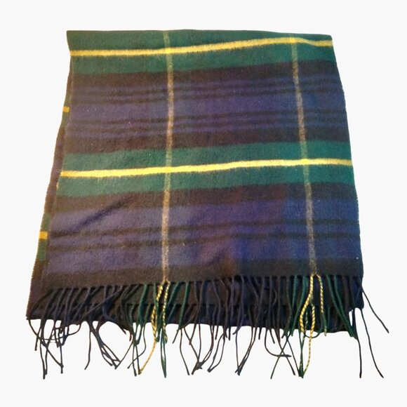 Tartan Plaid Fringed Scarf Wool Green Navy Yellow 56 X 12 - Picture 1 of 2